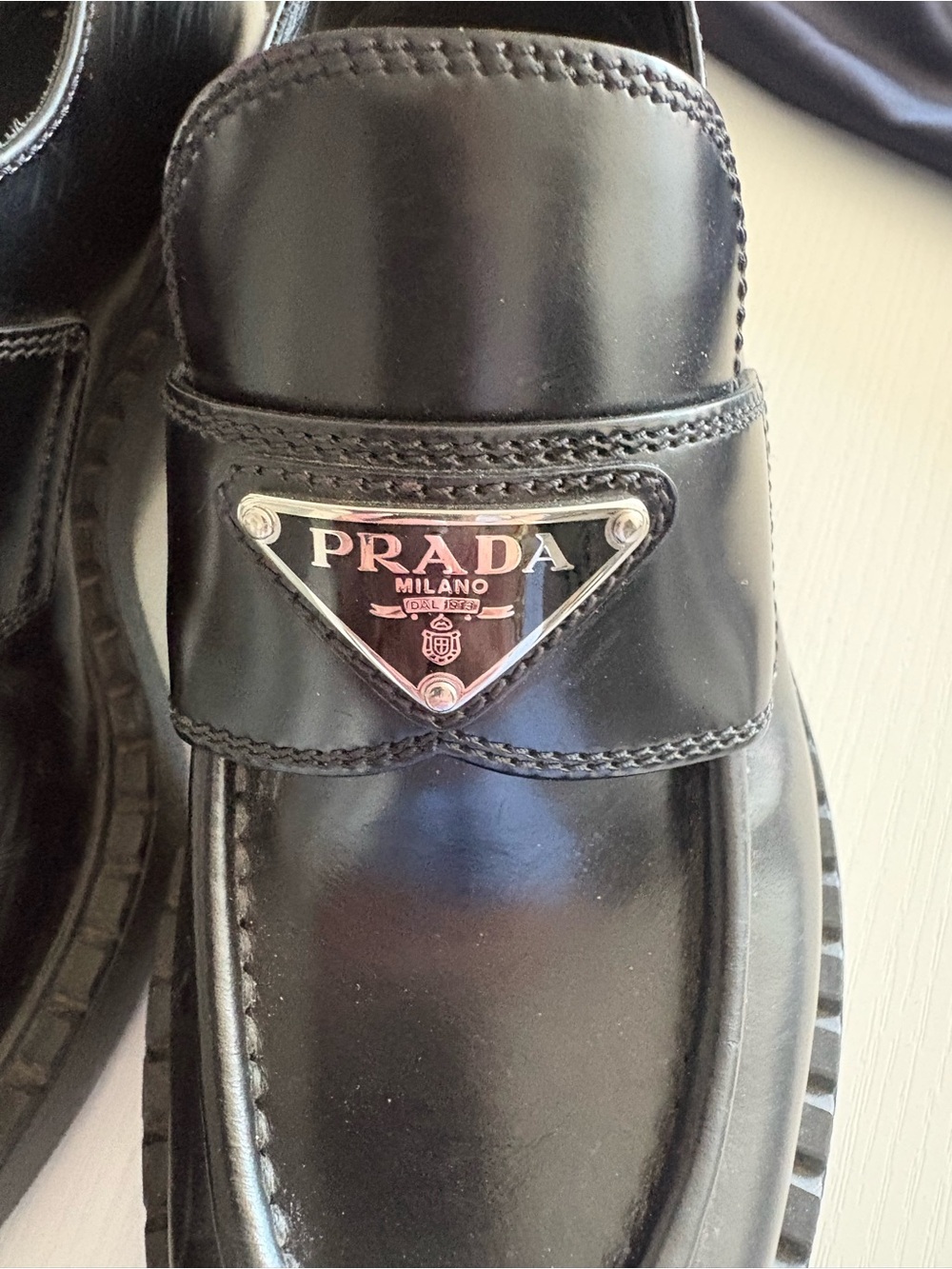 Prada Black Leather Penny Loafers with Silver Triangle Logo - Picture 6 of 12